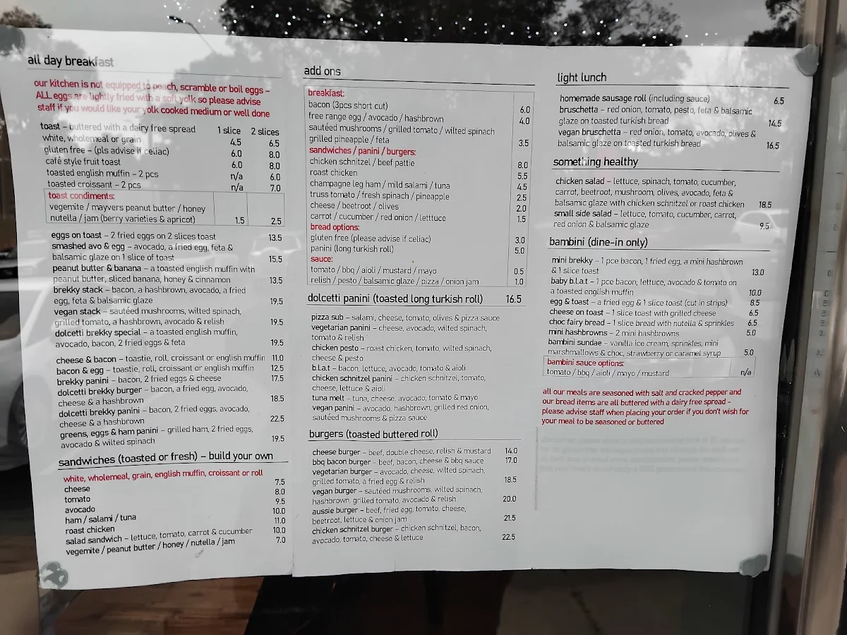 Menu, Dolcetti of Kilsyth