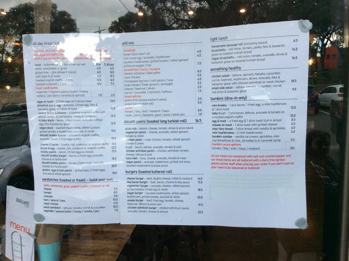 Menu, Dolcetti of Kilsyth