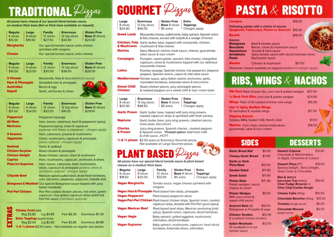 Menu, Pizza Inn Cliftleigh