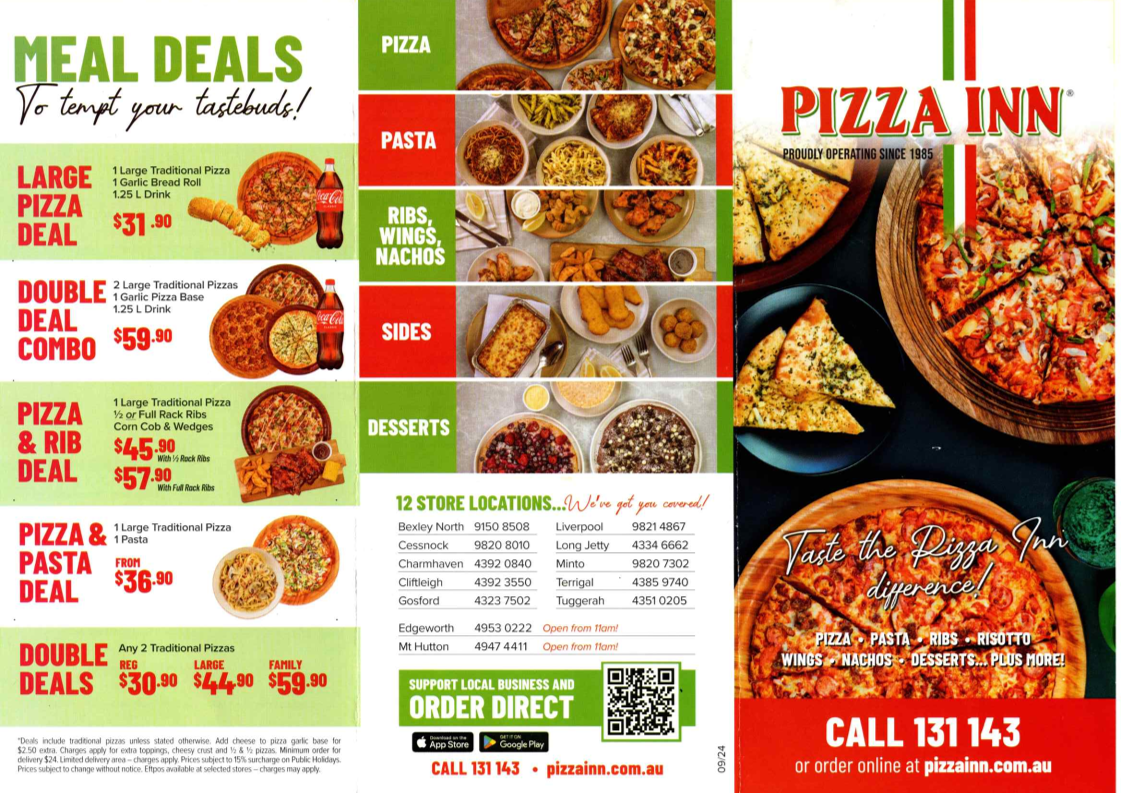 Menu, Pizza Inn Cliftleigh