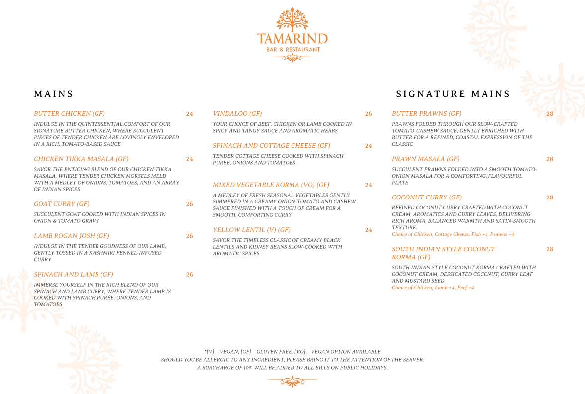 Menu, Tamarind Bar & Restaurant
