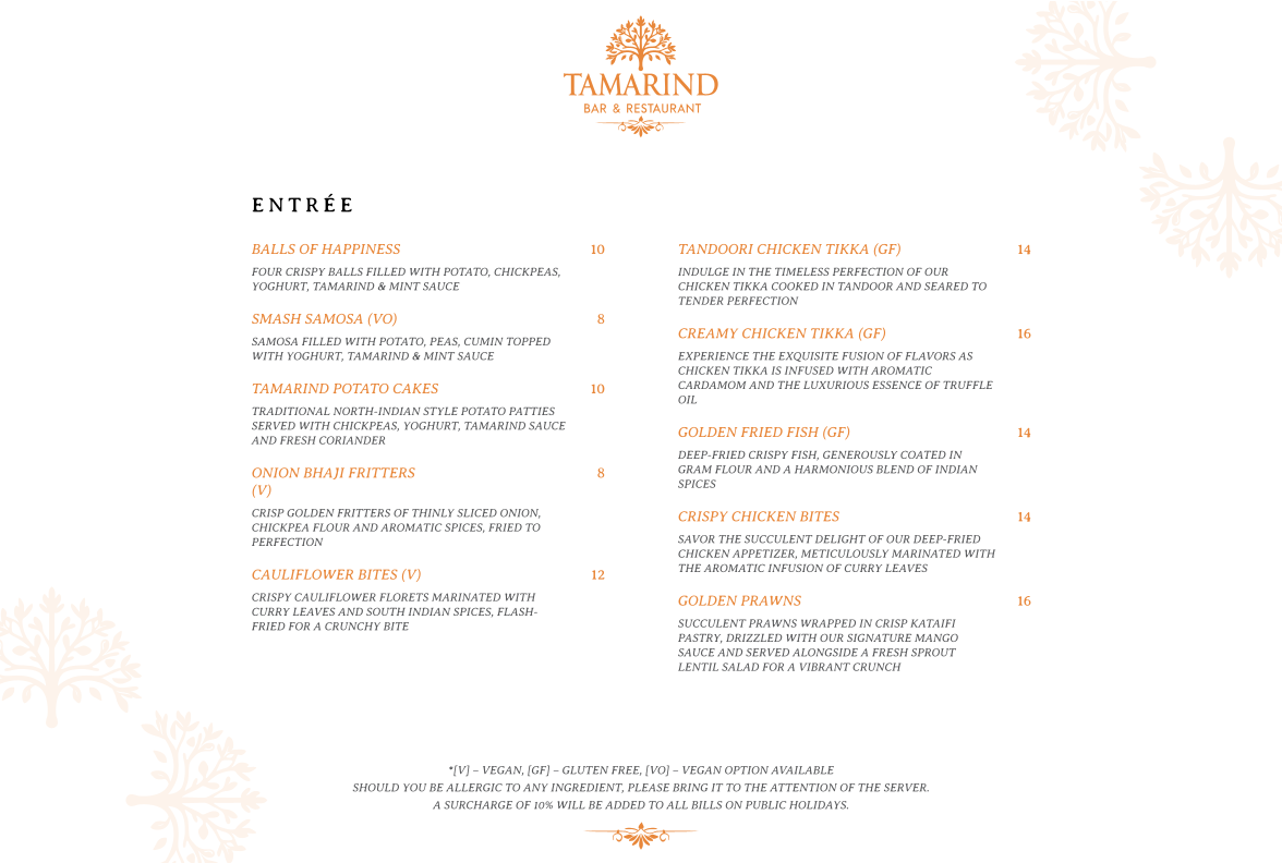 Menu, Tamarind Bar & Restaurant