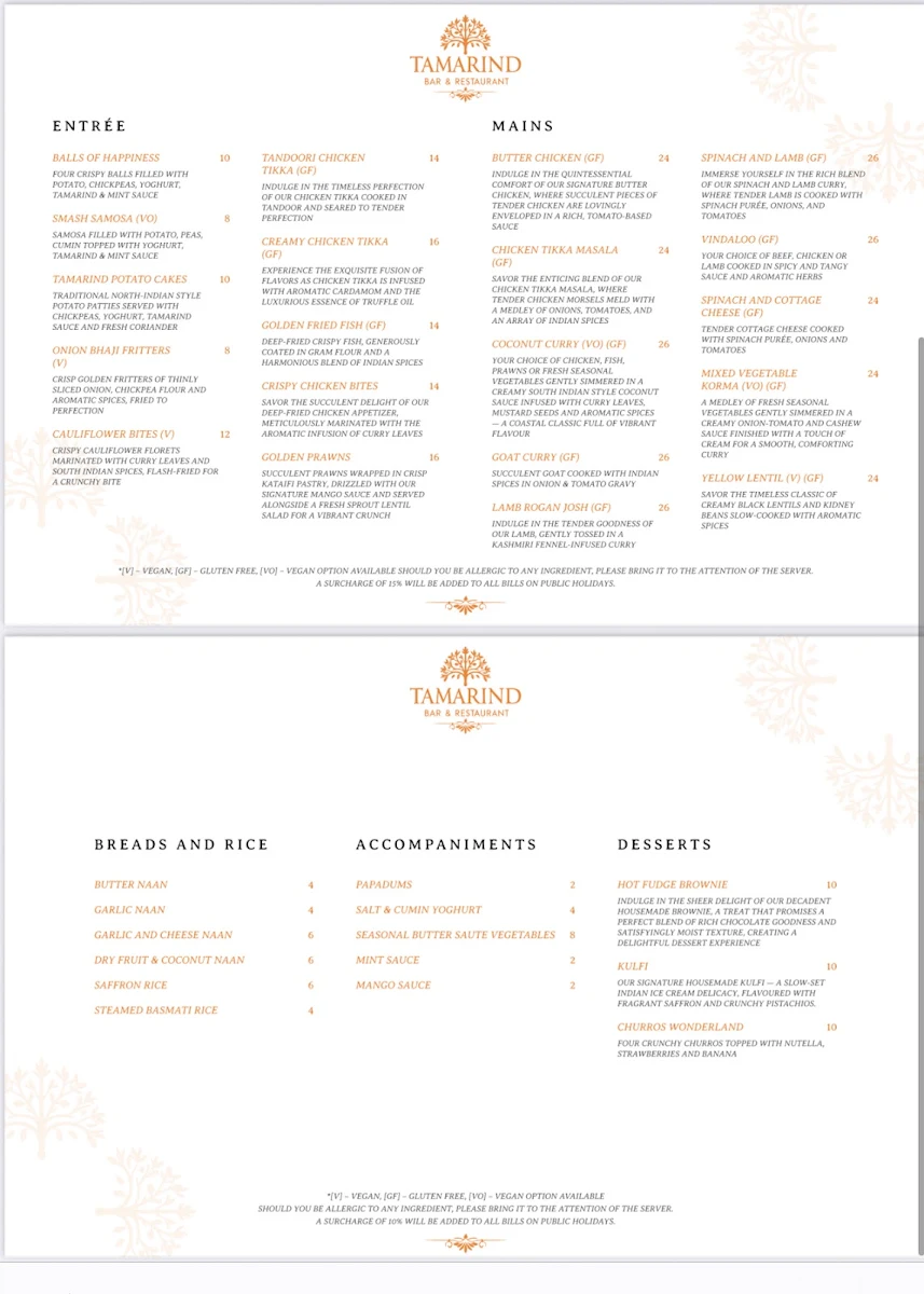 Menu, Tamarind Bar & Restaurant