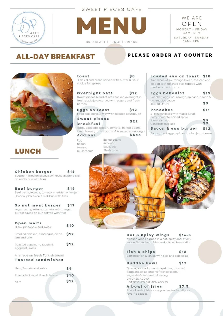 Menu, Sweet Pieces Cafe