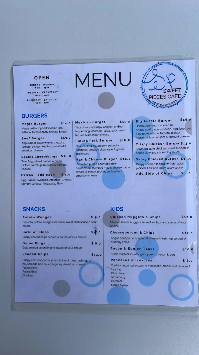 Menu, Sweet Pieces Cafe