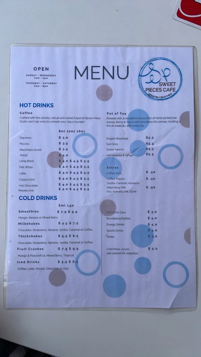 Menu, Sweet Pieces Cafe
