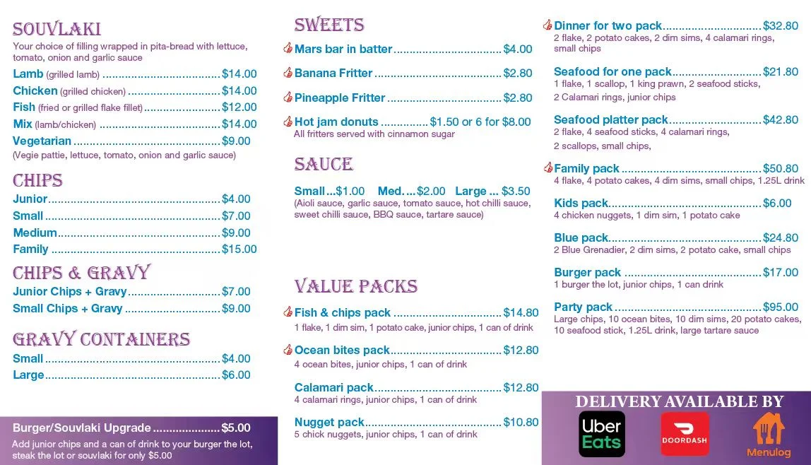 Menu, Ocean Bites Fish & Chippery