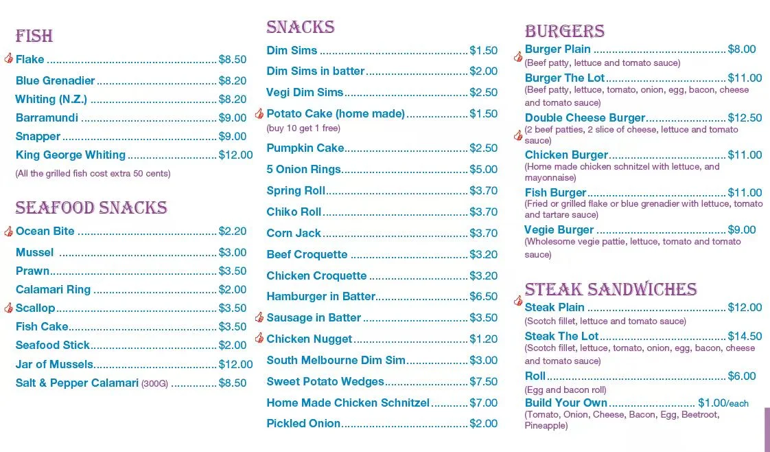 Menu, Ocean Bites Fish & Chippery