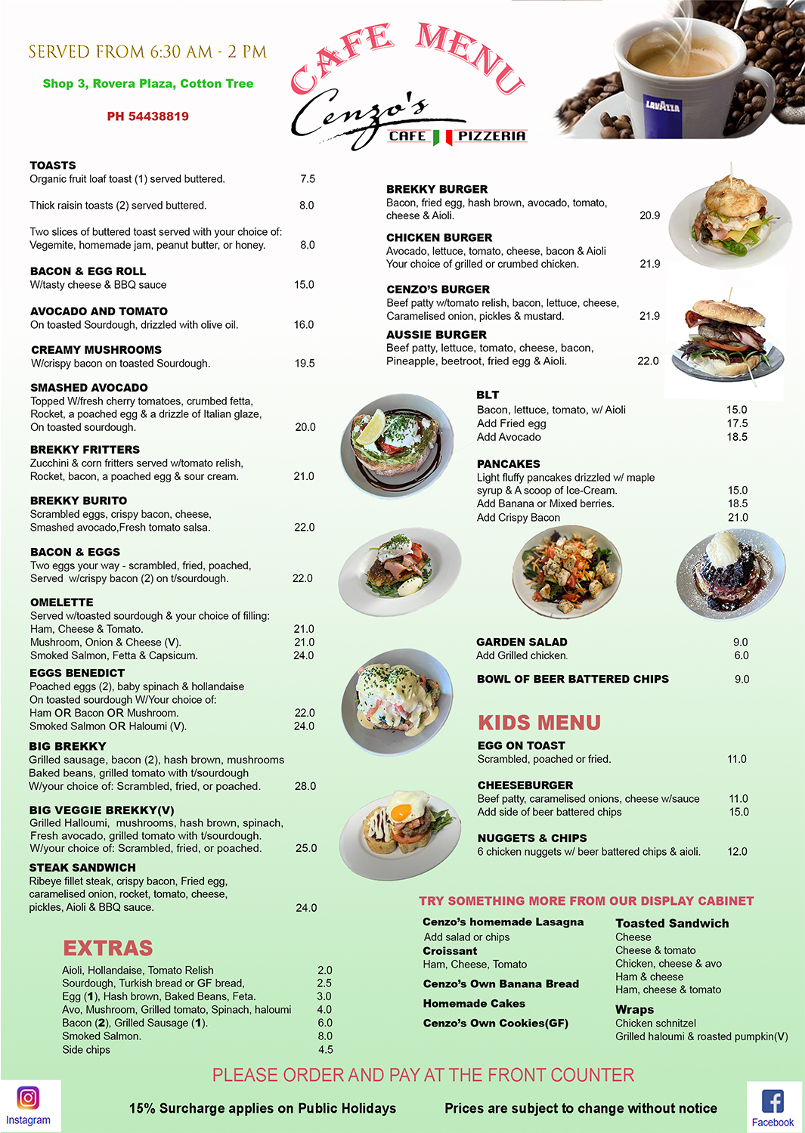 Menu, Cenzo's Cafe And Pizzeria.