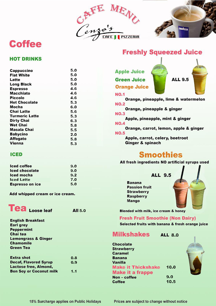 Menu, Cenzo's Cafe And Pizzeria.