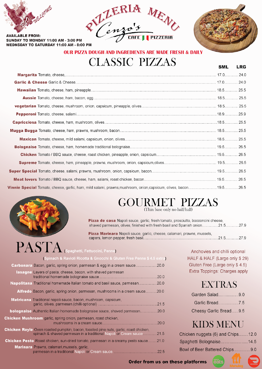 Menu, Cenzo's Cafe And Pizzeria.