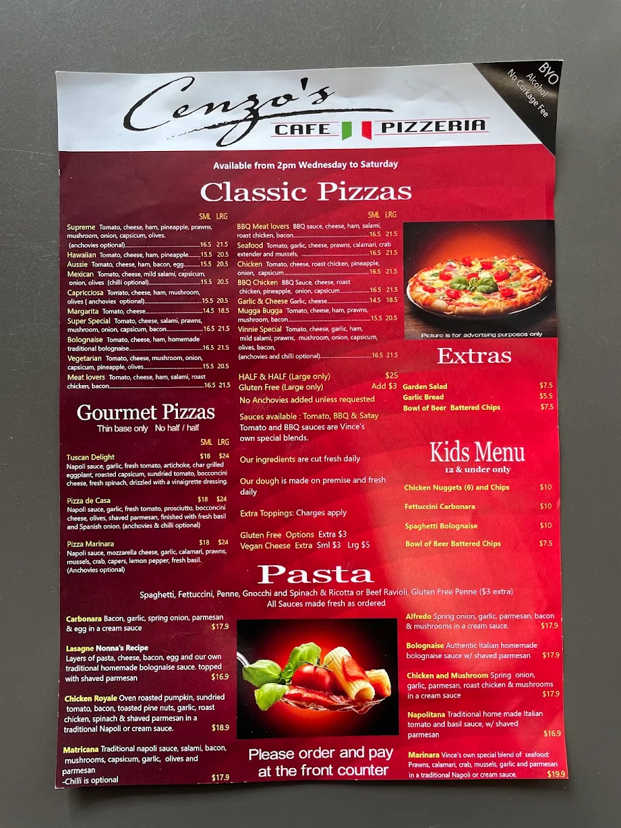 Menu, Cenzo's Cafe And Pizzeria.