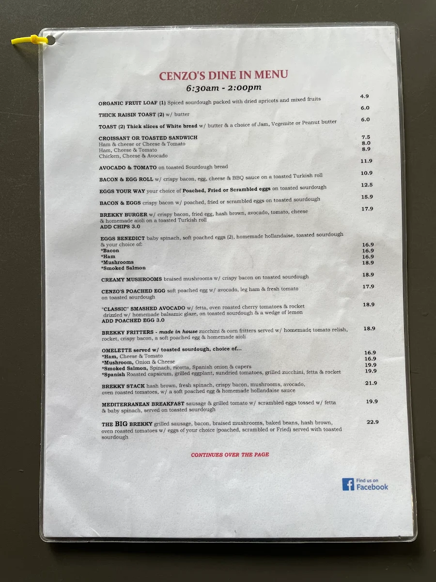 Menu, Cenzo's Cafe And Pizzeria.