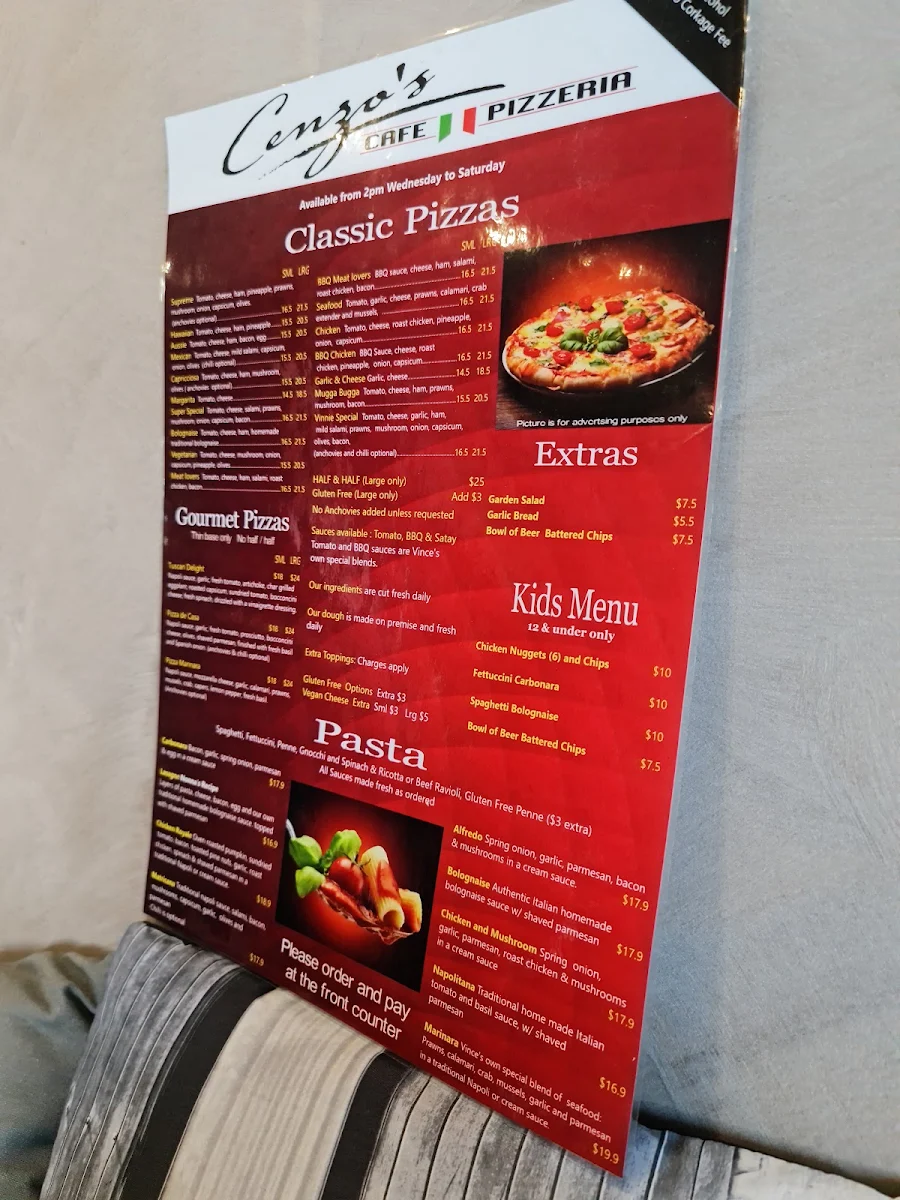 Menu, Cenzo's Cafe And Pizzeria.
