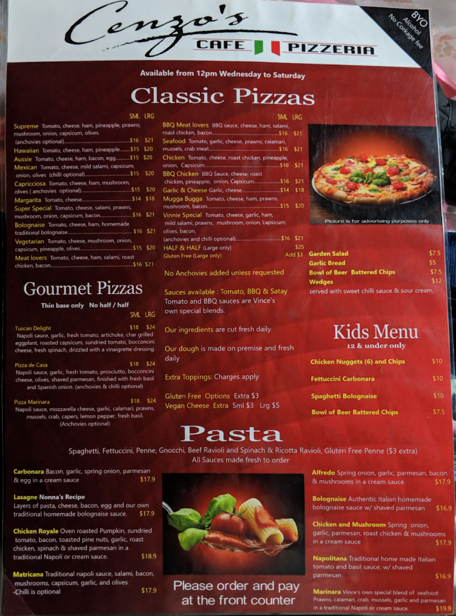 Menu, Cenzo's Cafe And Pizzeria.