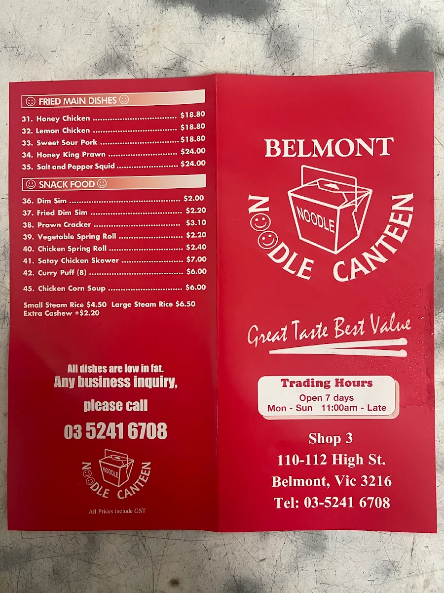 Menu, Belmont Noodle Canteen