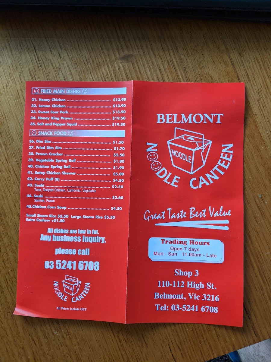 Menu, Belmont Noodle Canteen
