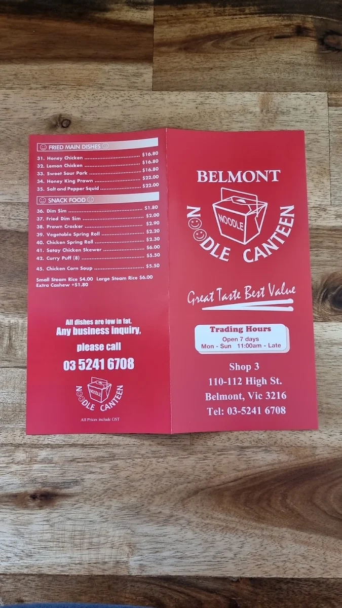 Menu, Belmont Noodle Canteen