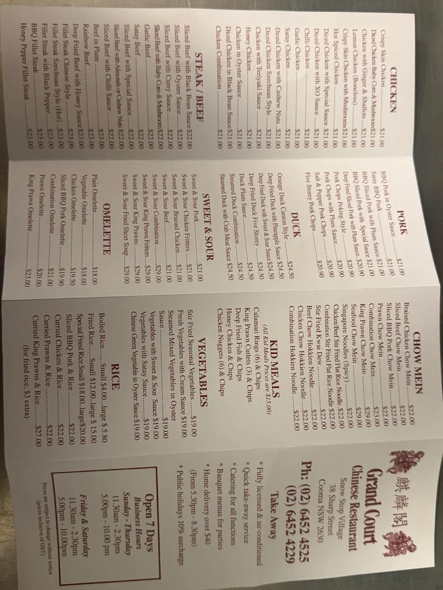 Menu, Grand Court Chinese Restaurant