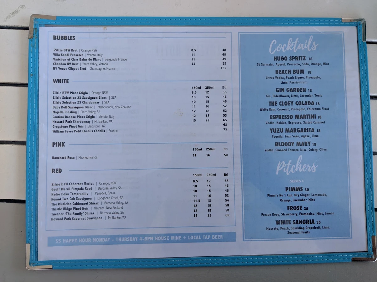 Menu, Clovelly Hotel