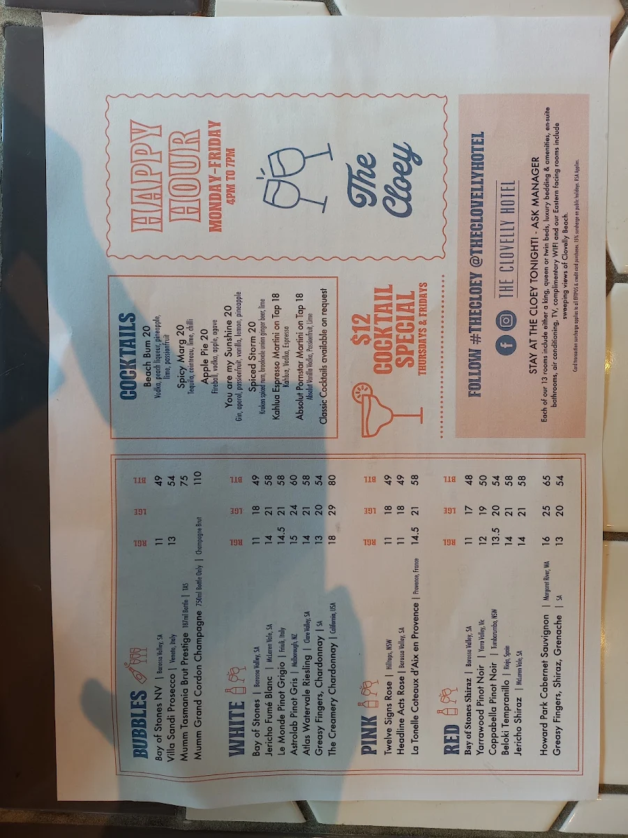 Menu, Clovelly Hotel