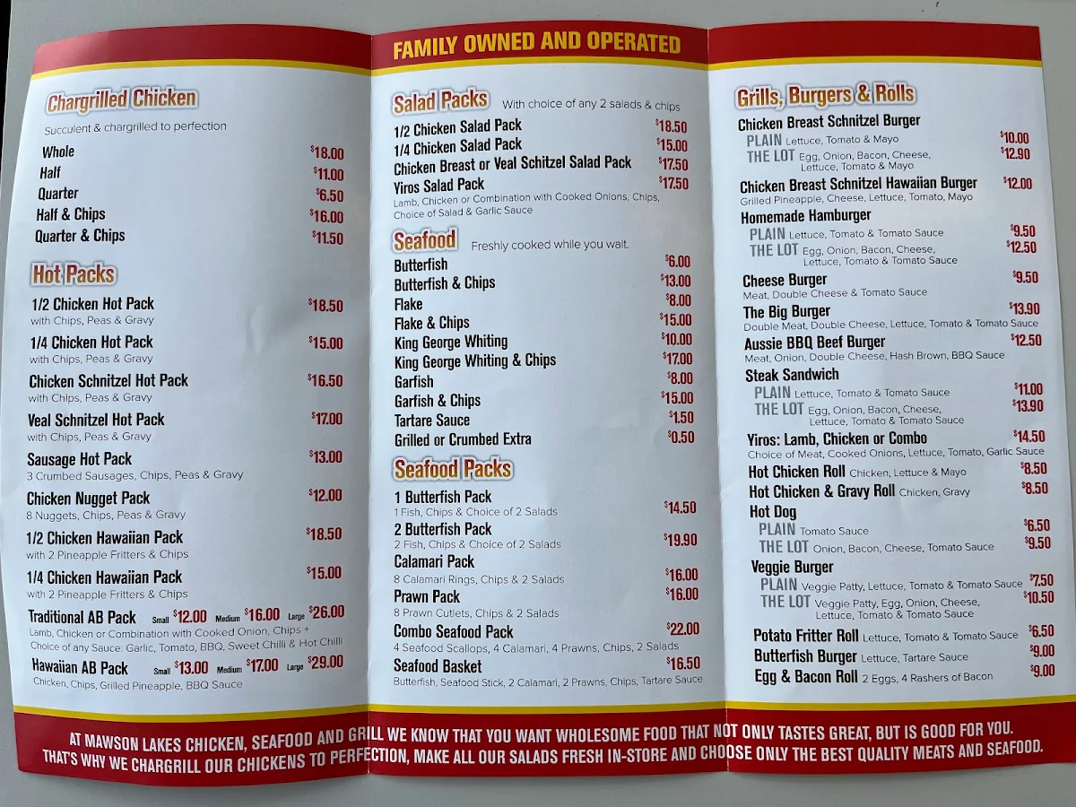 Menu, Mawson Lakes Chicken & Seafood