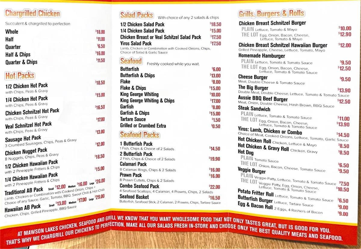 Menu, Mawson Lakes Chicken & Seafood
