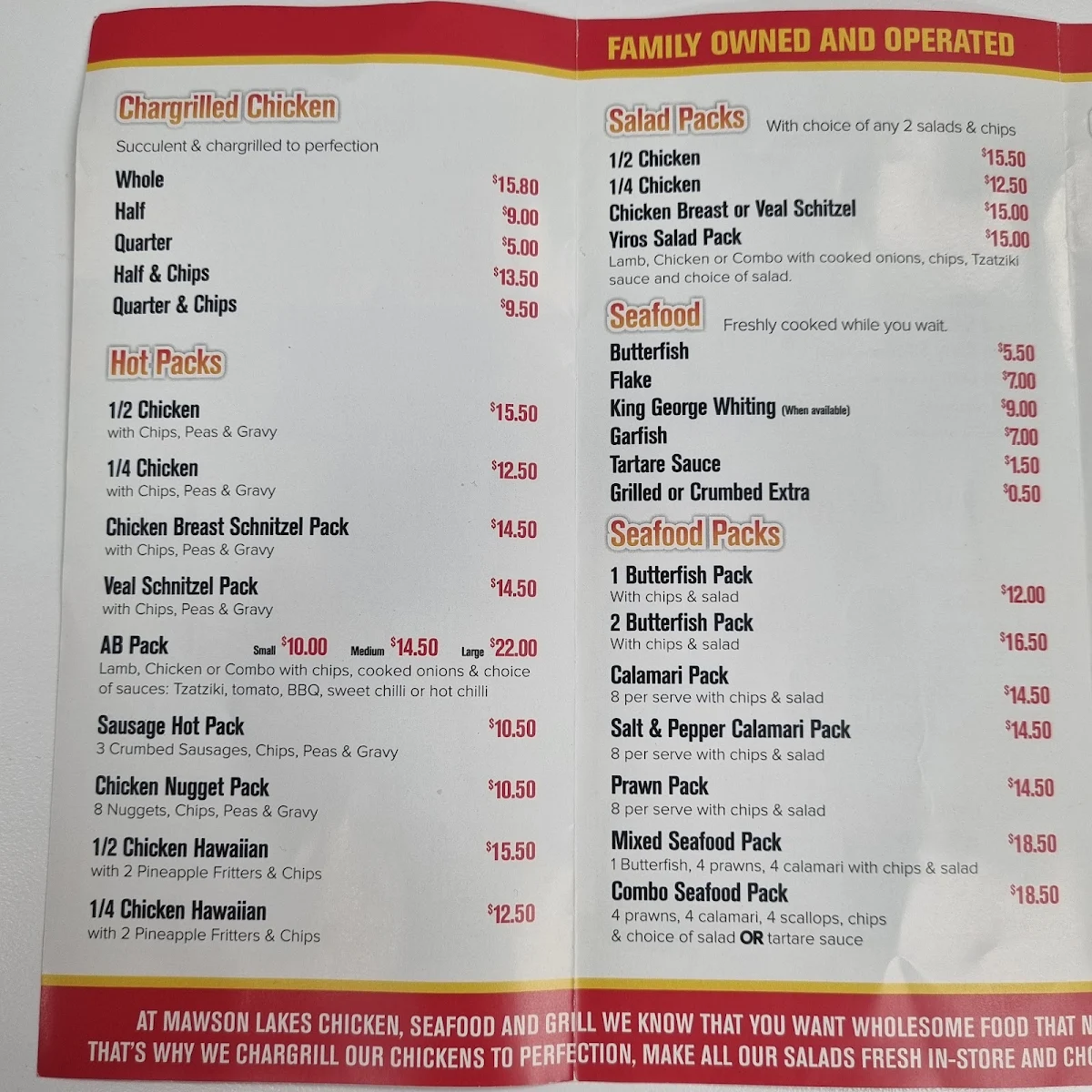 Menu, Mawson Lakes Chicken & Seafood