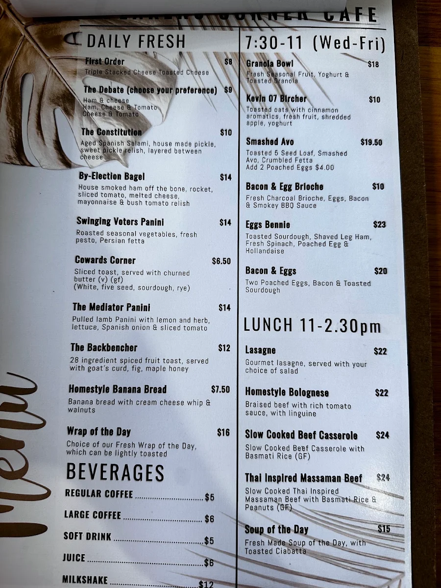 Menu, Speaker's Corner Café