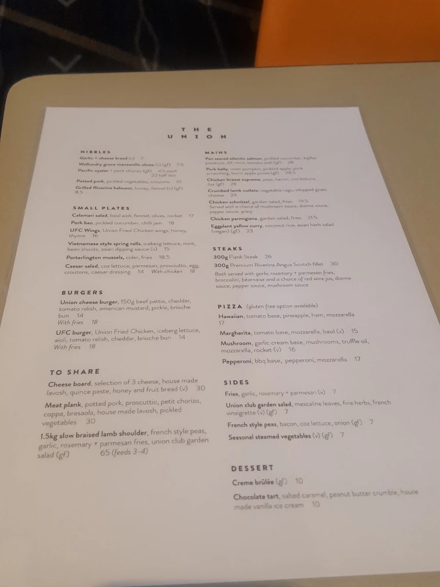 Menu, Union Club Hotel