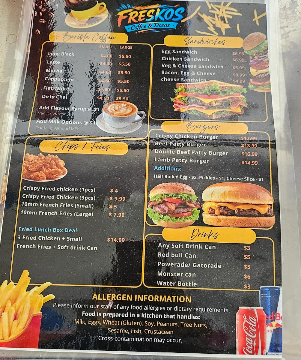 Menu, freskos coffee and dosa