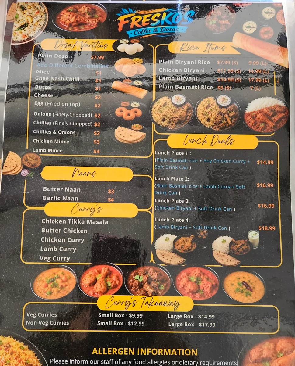 Menu, freskos coffee and dosa