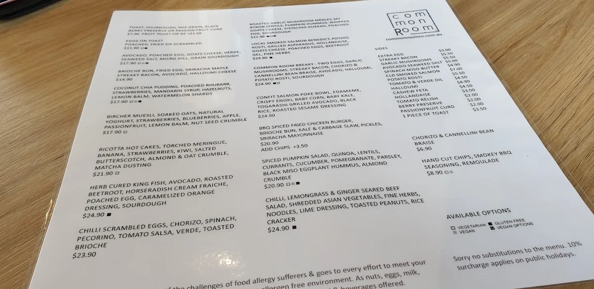 Menu, Common Room Co