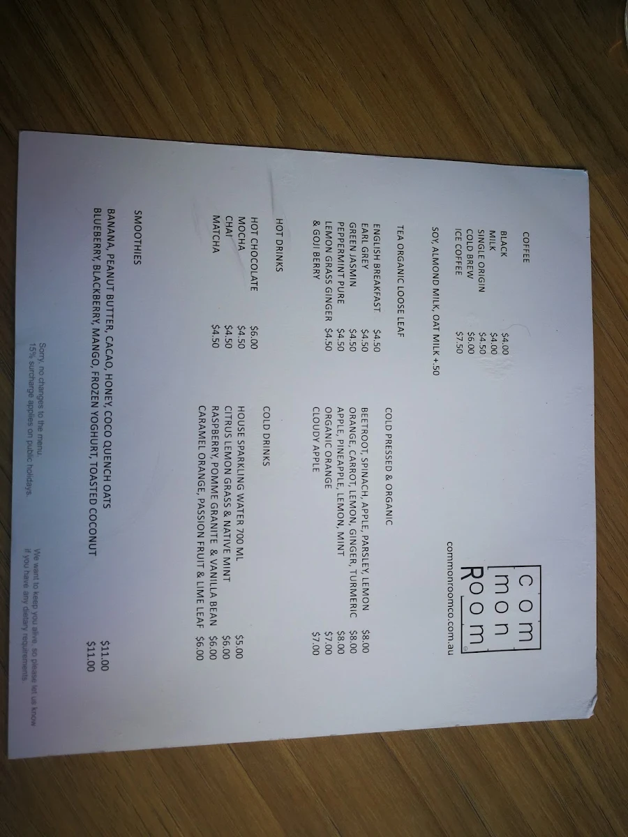 Menu, Common Room Co