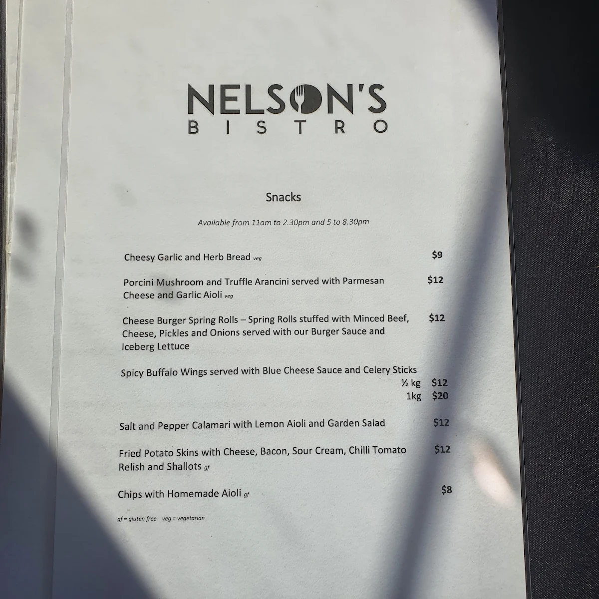 Menu, Bistro on Bywong