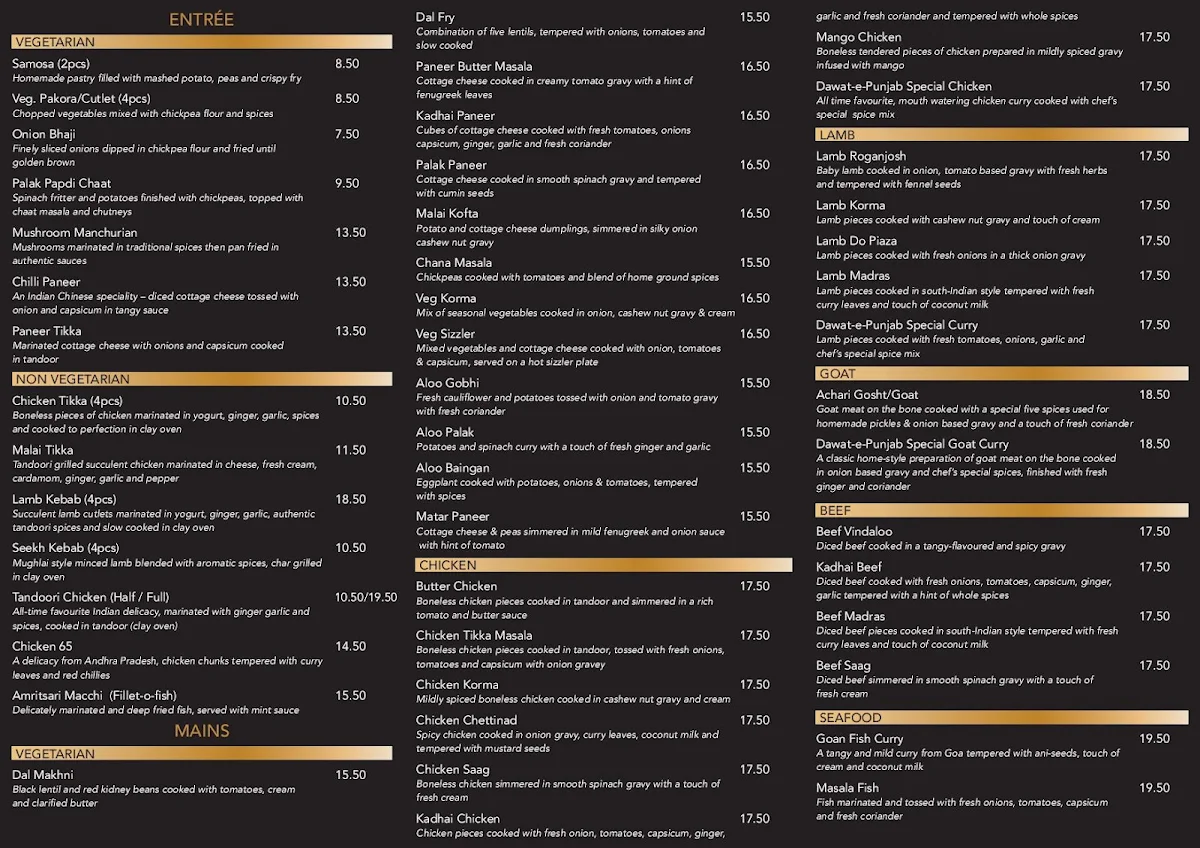 Menu, Dawat-e-Punjab Indian Restaurant