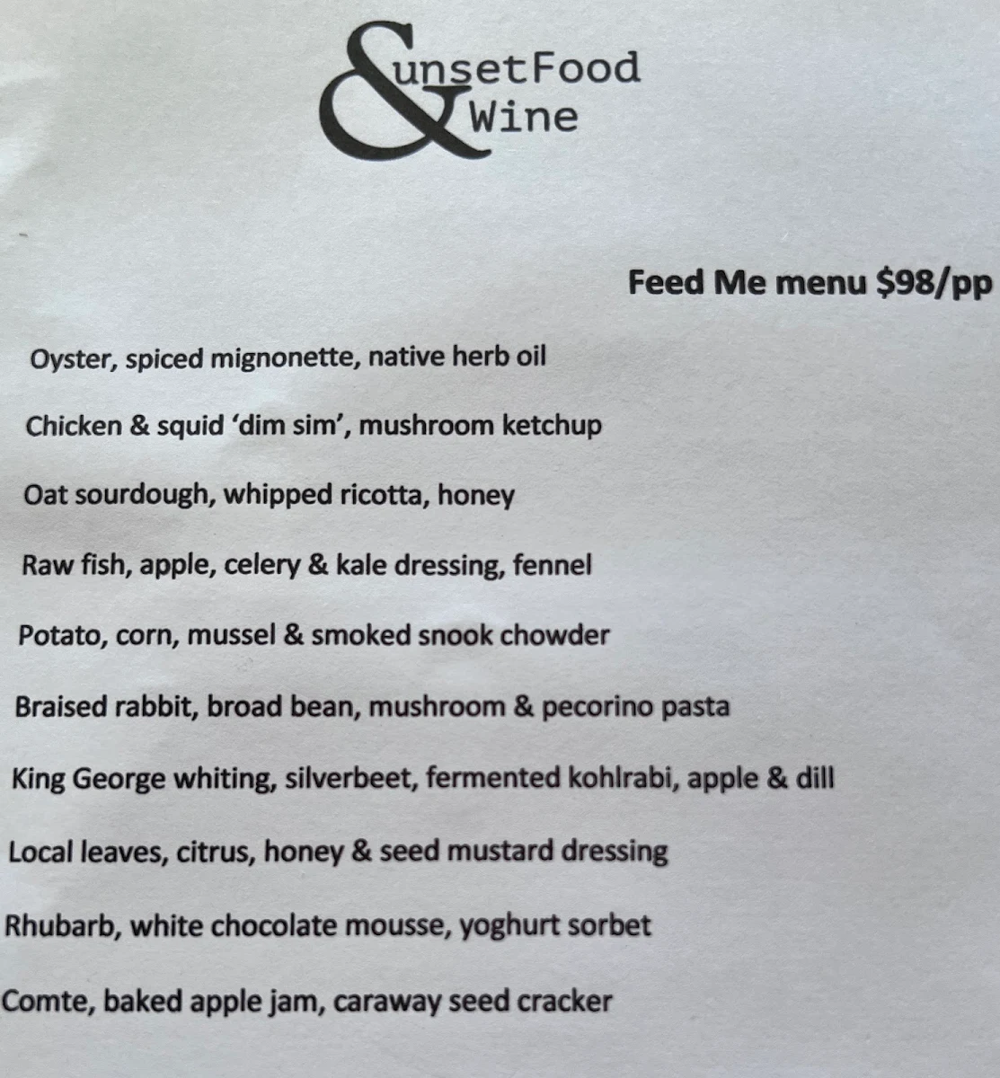 Menu, Sunset Food and Wine