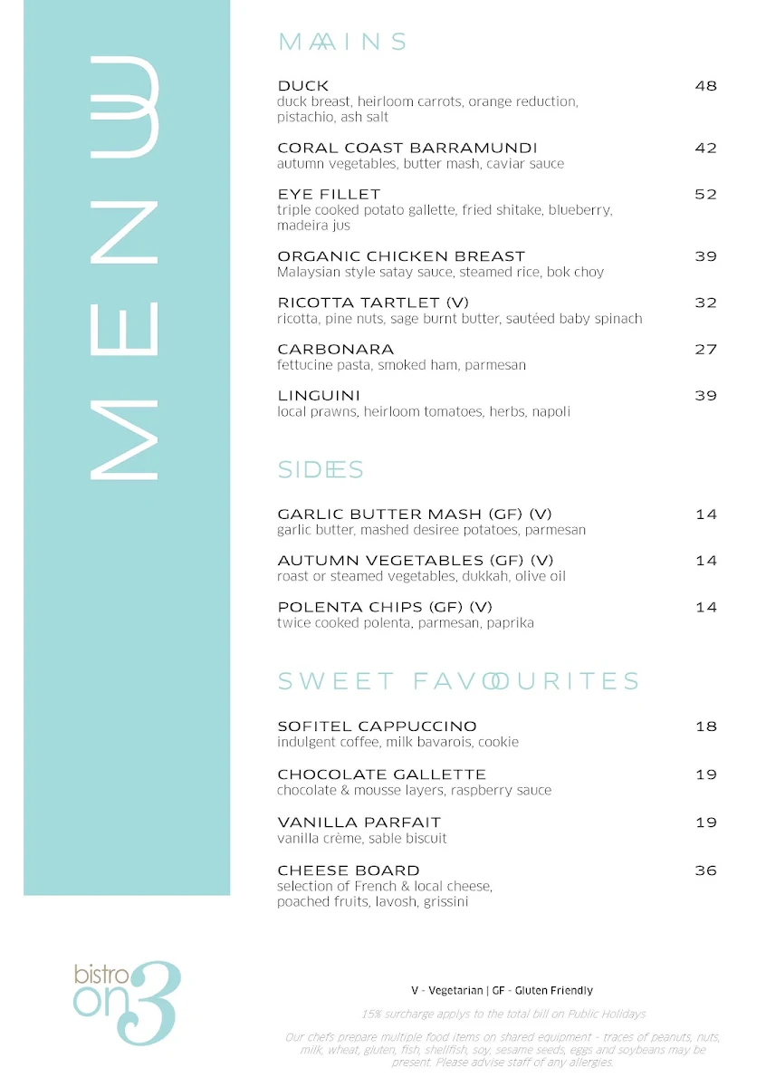 Menu, Bistro On3