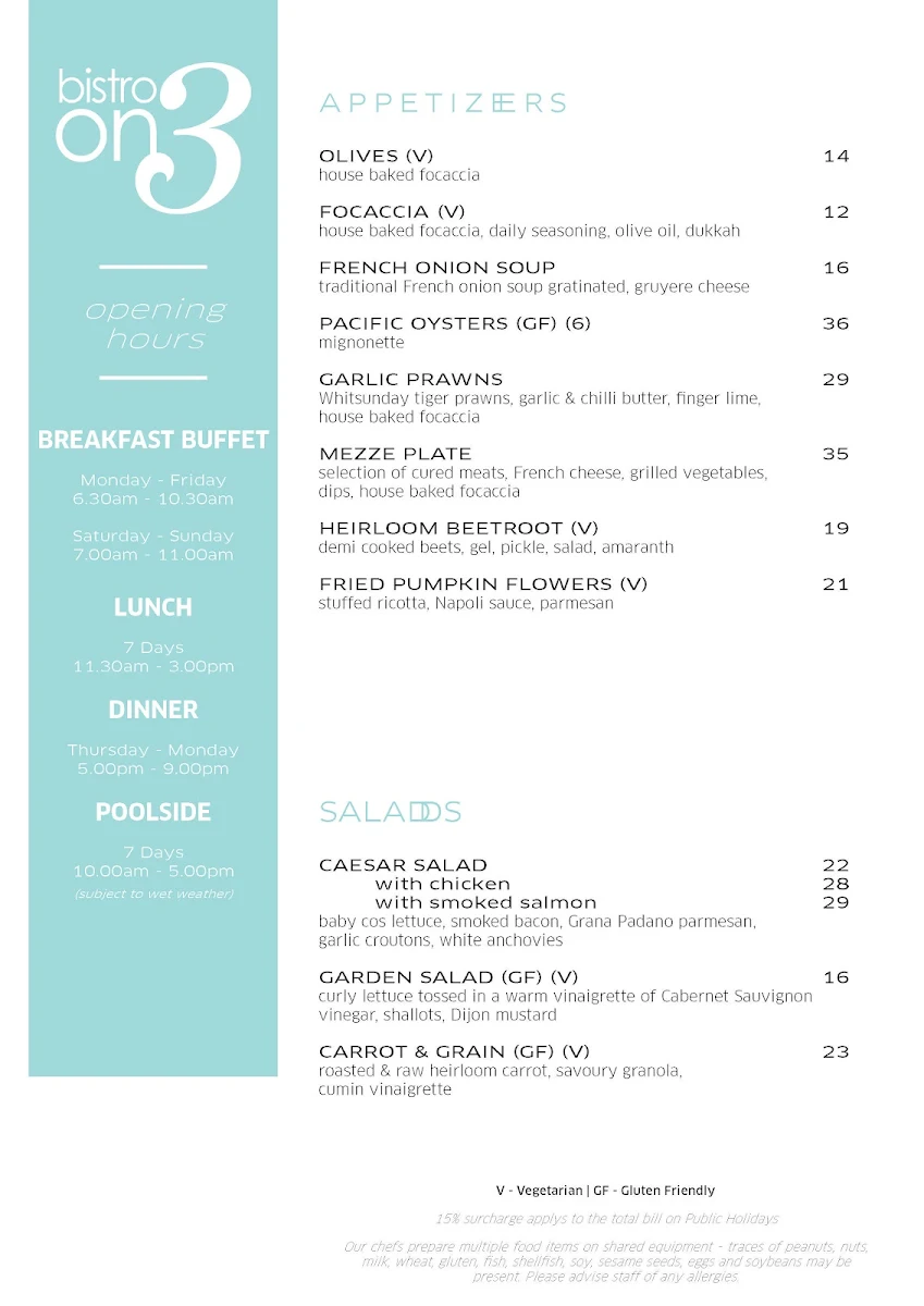 Menu, Bistro On3