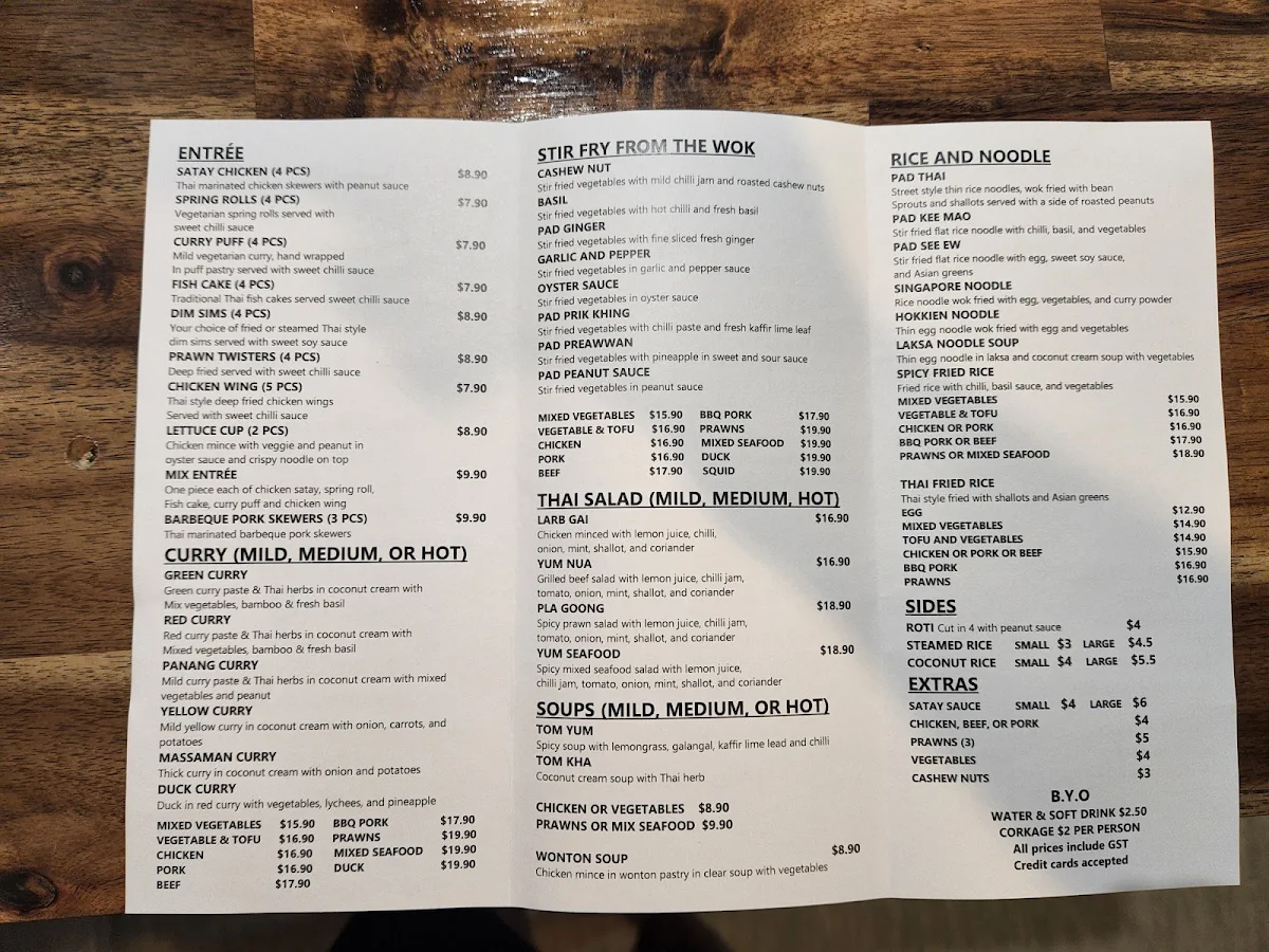Menu, EZY Thai Restaurant - Currumbin Fair