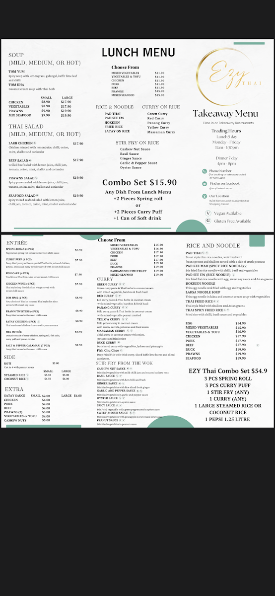 Menu, EZY Thai Restaurant - Currumbin Fair