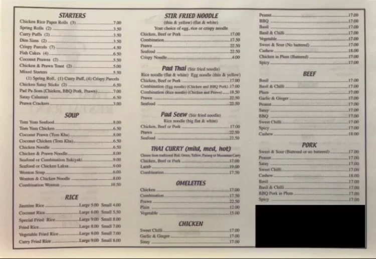 Menu, EZY Thai Restaurant - Currumbin Fair