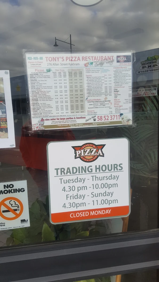 Menu, Tony's Pizza Restaurant