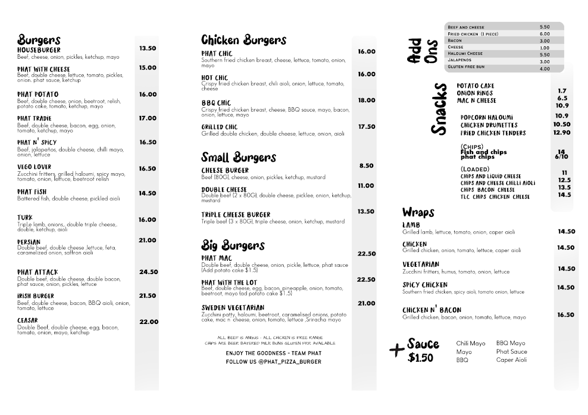Menu, Phat Burger Bar