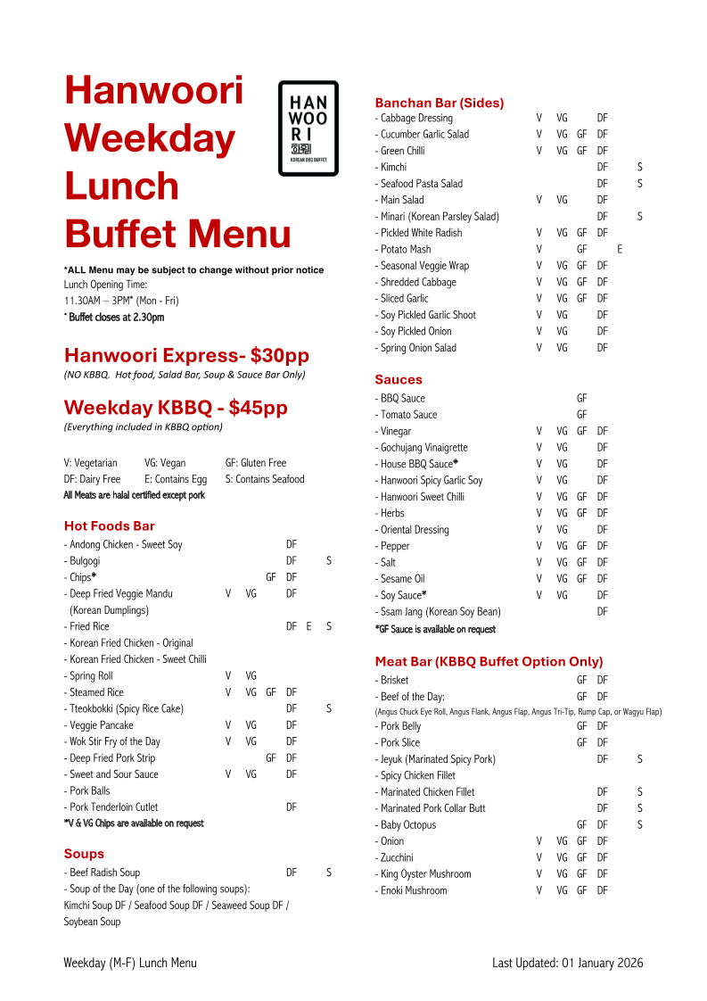 Menu, Hanwoori Restaurant