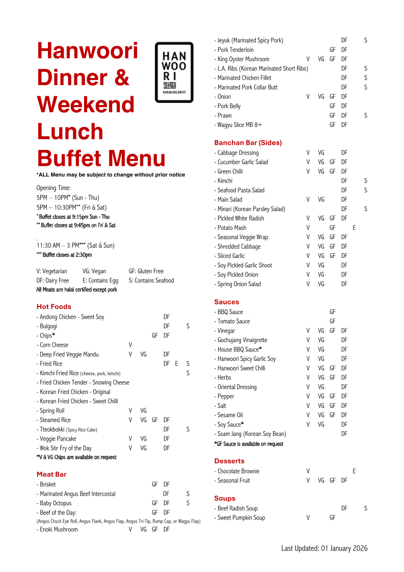 Menu, Hanwoori Restaurant