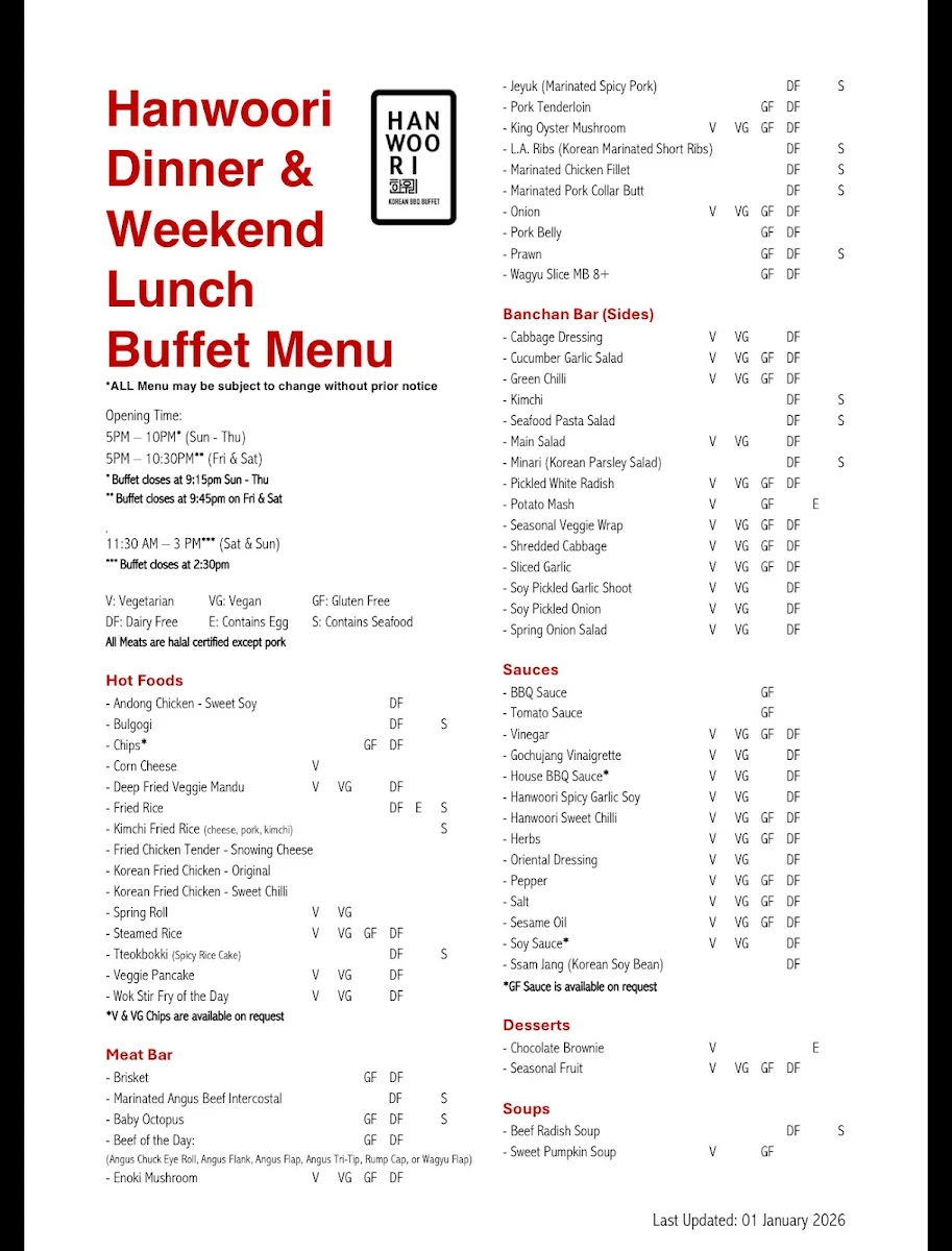 Menu, Hanwoori Restaurant