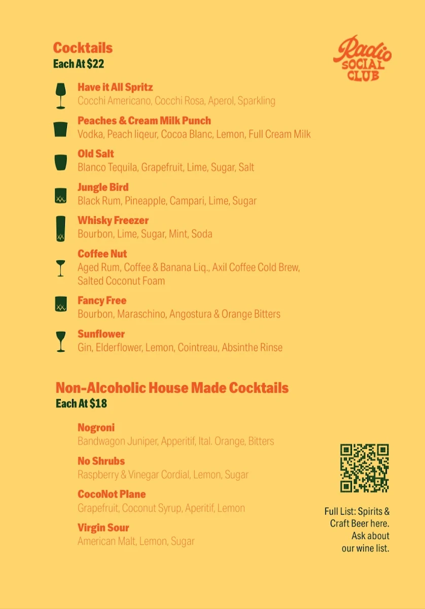 Menu, Radio Social Club & Cocktail Bar