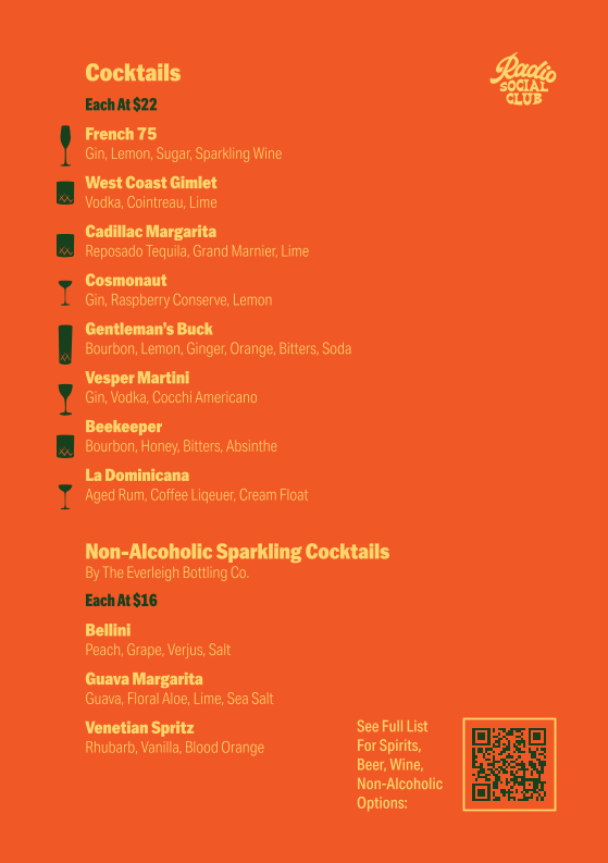 Menu, Radio Social Club & Cocktail Bar