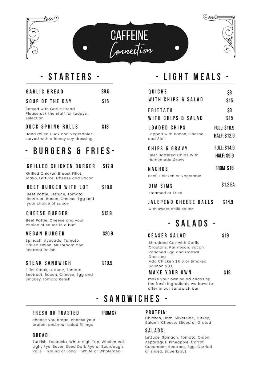 Menu, Caffeine Connection